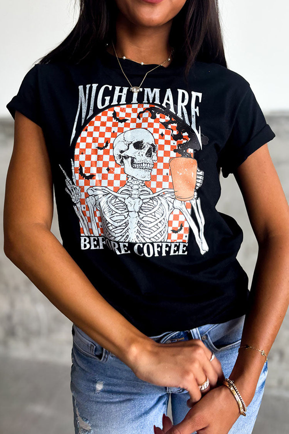 Black Nightmare Before Coffee Skull Checkerboard Graphic Halloween Tee 🇺🇲