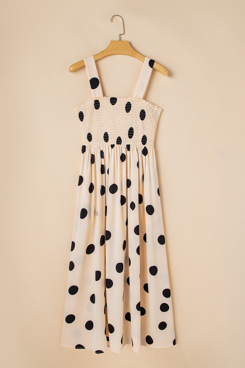 Oatmeal Polka Dot Smocked Fit Flared Sleeveless Long Dress 🇨🇳