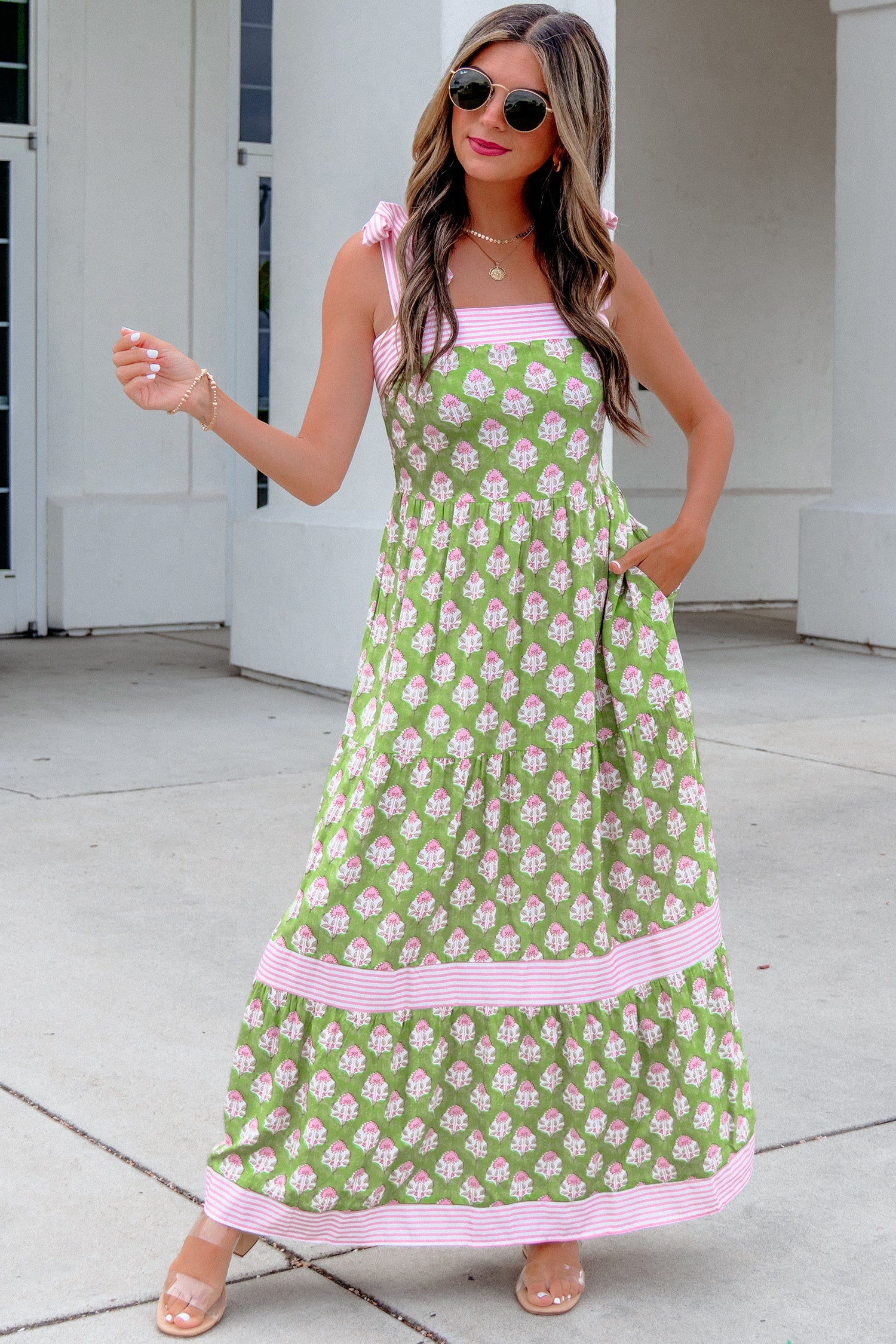 Green Floral Print Striped Detail Knot Straps Maxi Dress 🇺🇸