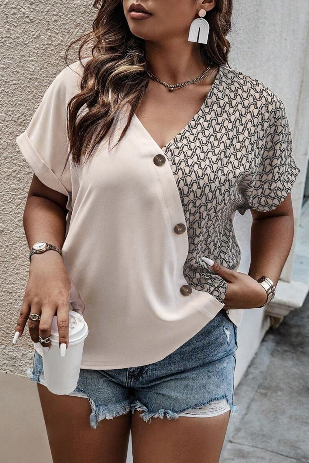 Oatmeal Contrast Geometric Print Patchwork V Neck Short Sleeve Plus Size Top 🇺🇲