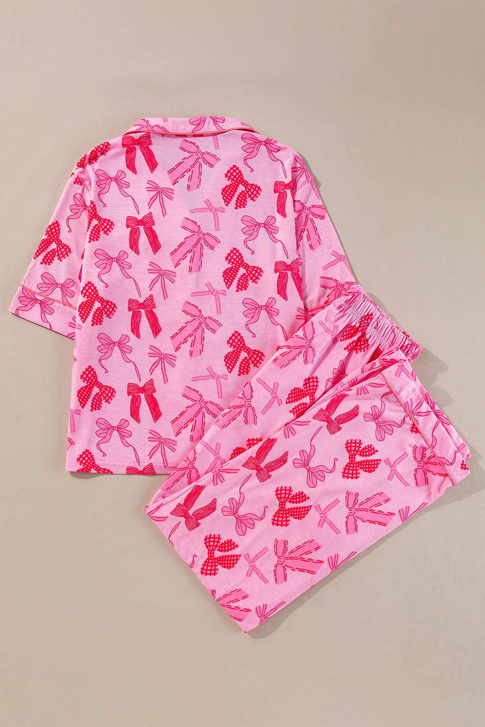 Pink Bow Knot Print Lapel Collar Short Sleeve and Pants Pajamas Set 🇺🇸