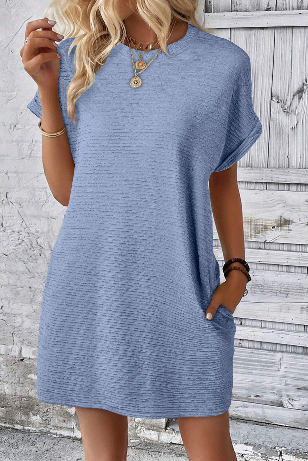 Myosotis Solid Color Textured Crinkle Short Sleeve T Shirt Dress 🇨🇳