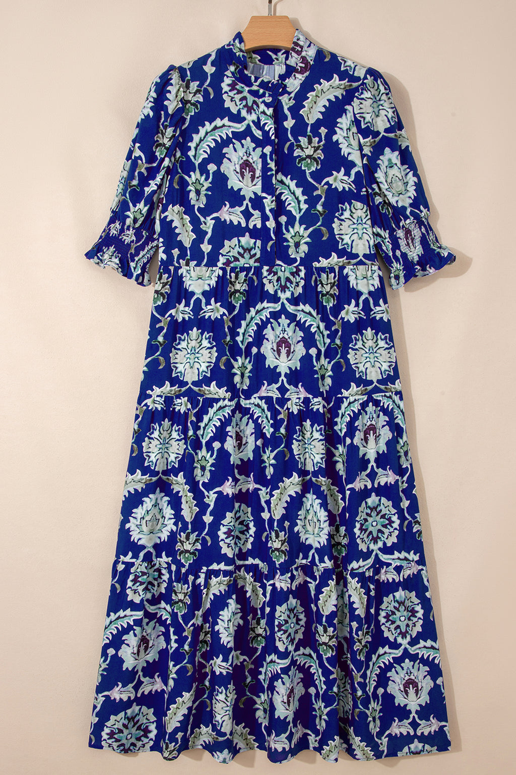 Blue Wild Floral Print Frilled Collar Half Sleeve Long Dress 🇺🇸