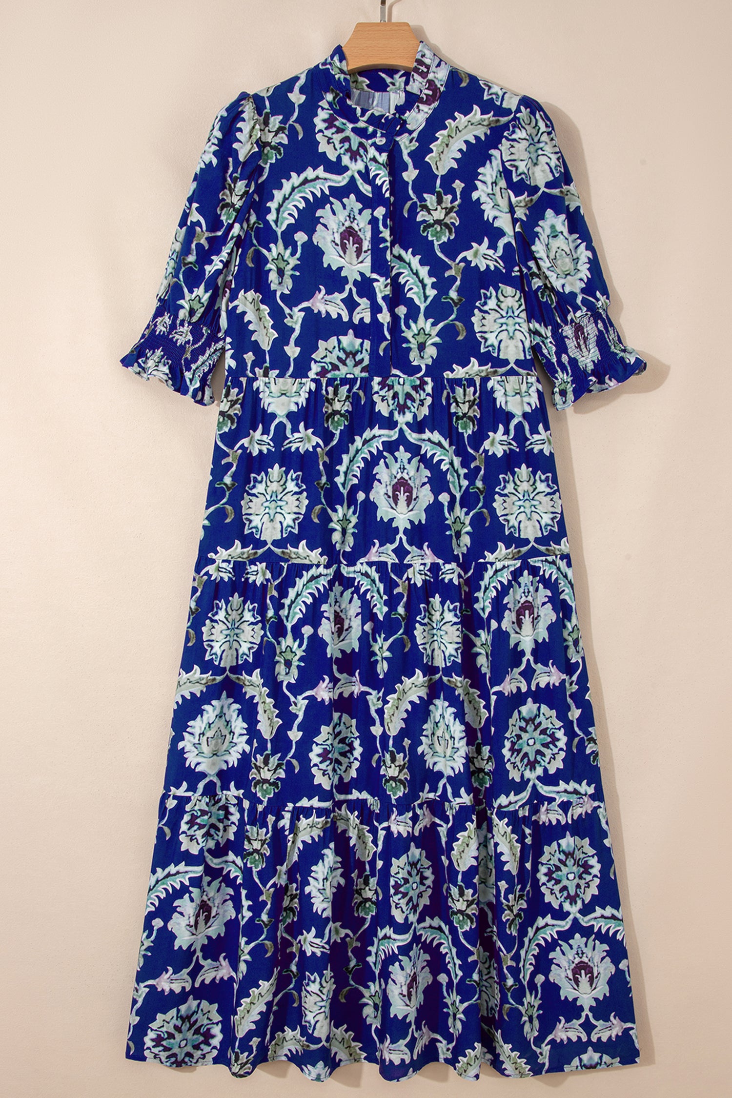 Blue Wild Floral Print Frilled Collar Half Sleeve Long Dress 🇺🇸