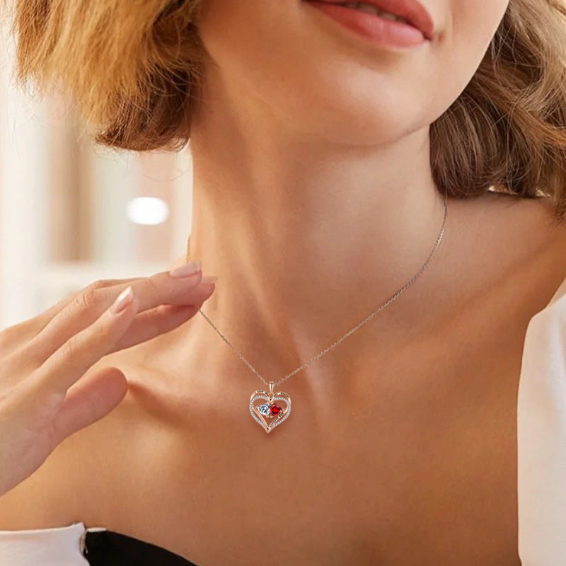 S925 Silver Double Love Necklace With Rhinestones Fashion Personality Heart-shaped Necklace 🇨🇳