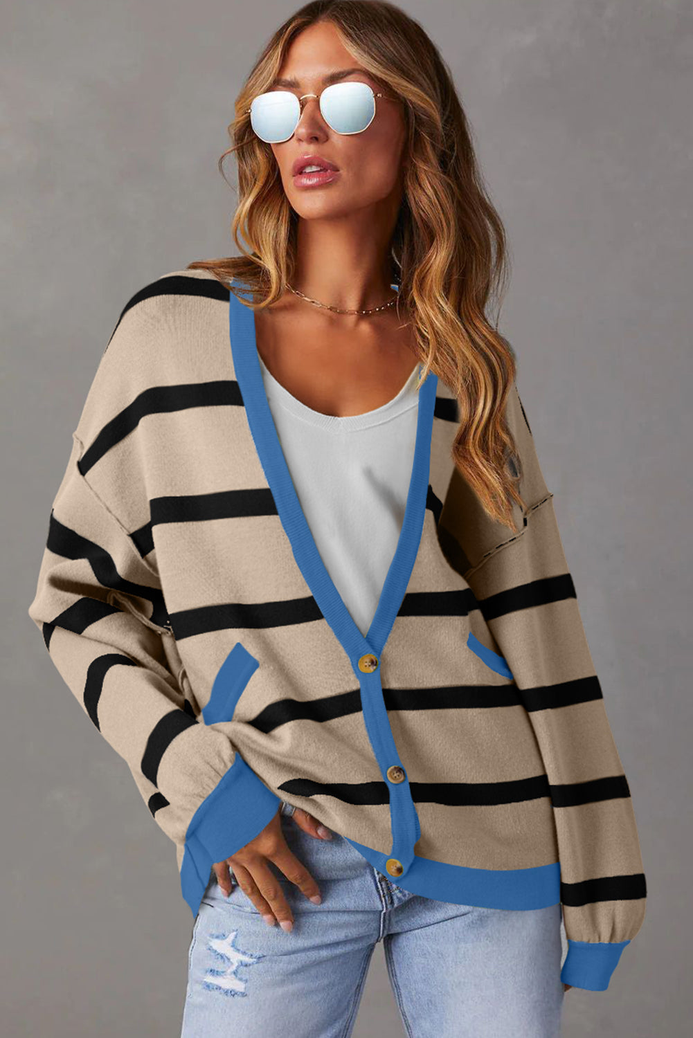 White Colorblock Drop Shoulder Buttoned Loose Cardigan 🇨🇳