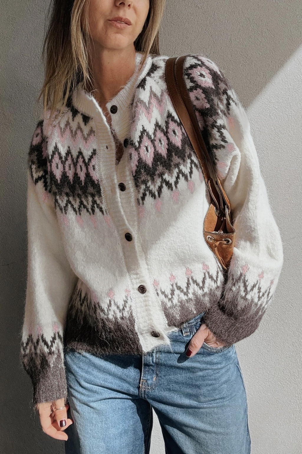 White Geometric Pattern Brushed Knit Button Cardigan 🇺🇸