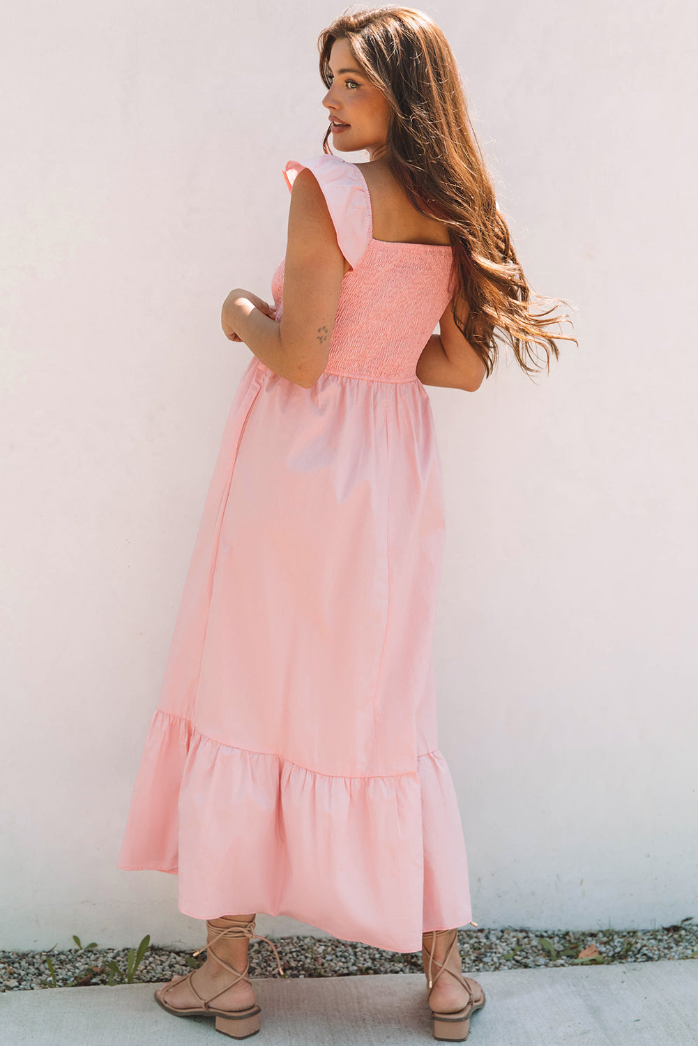 Pink V Neck Flutter Sleeve Smocked Bodice High Waist Ruffle Maxi Dress 🇨🇳