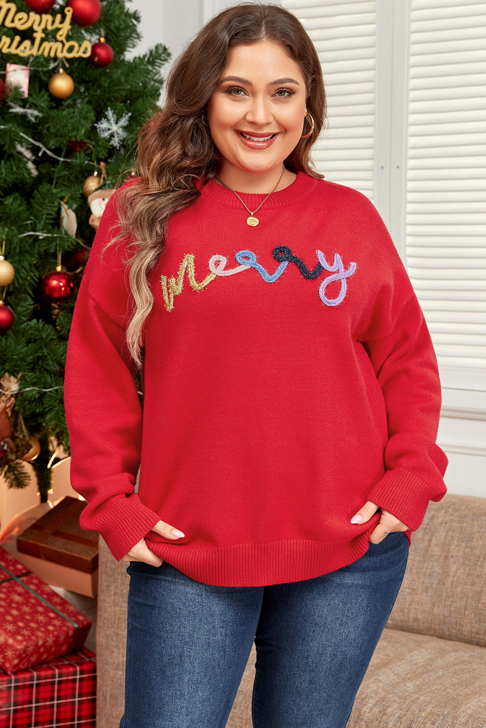 Fiery Red Tinsel merry Pattern Drop Shoulder Plus Size Sweater 🇺🇸