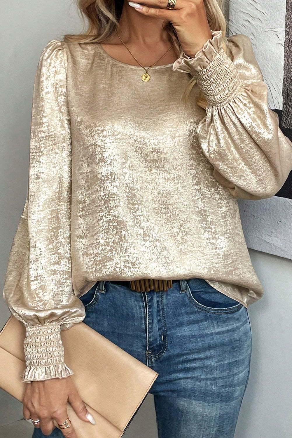 Apricot Metallic Round Neck Smocked Long Sleeve Blouse 🇺🇸