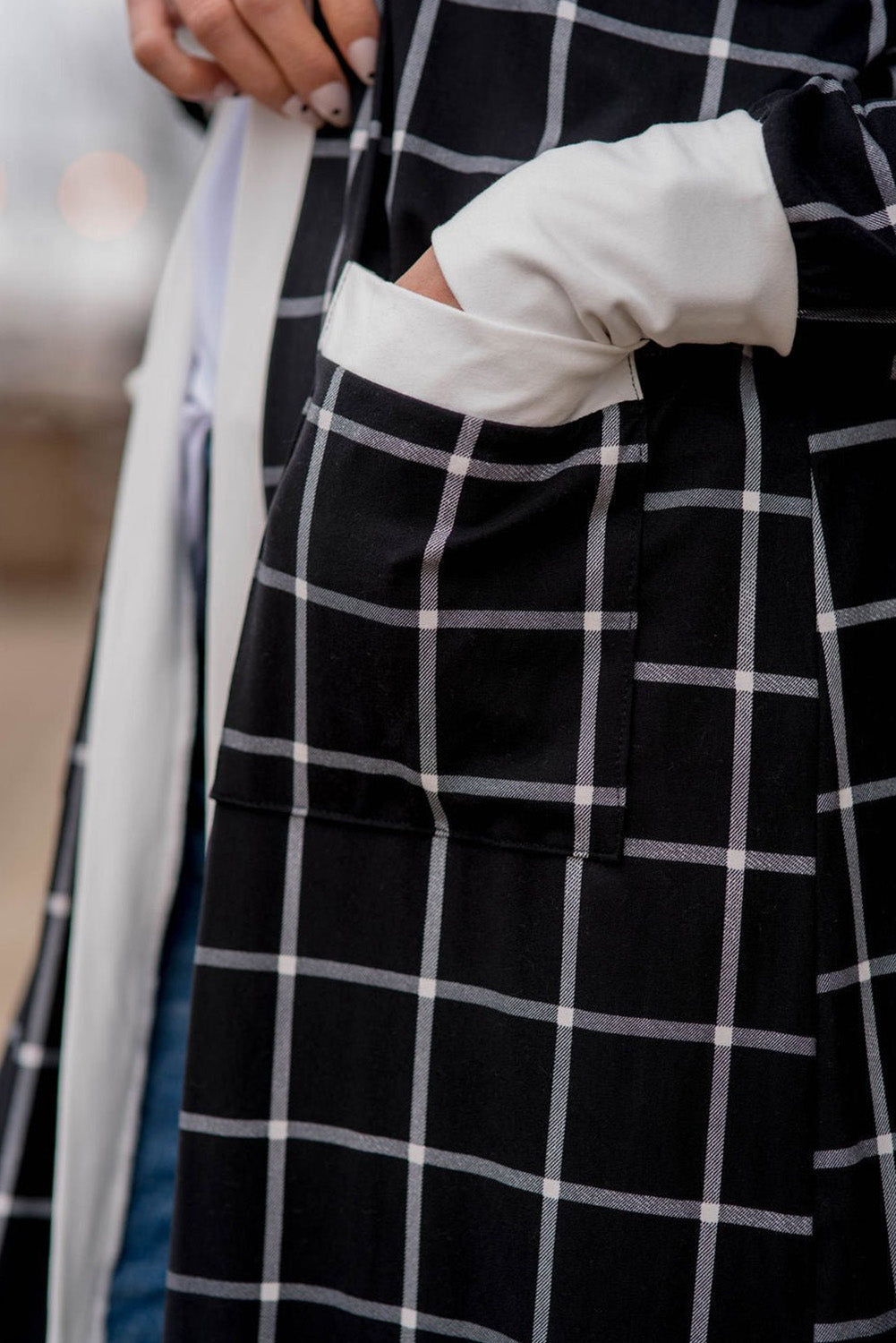 Black Plaid Colorblock Edge Open Cardigan with Pocket 🇨🇳