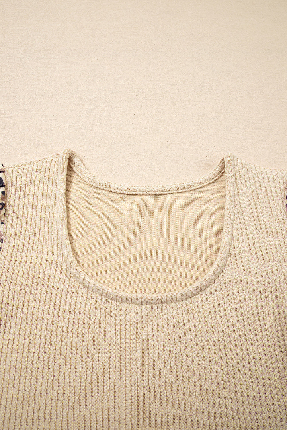 Apricot Leopard Sleeve Patchwork Ribbed Knit U Neck Top 🇺🇸