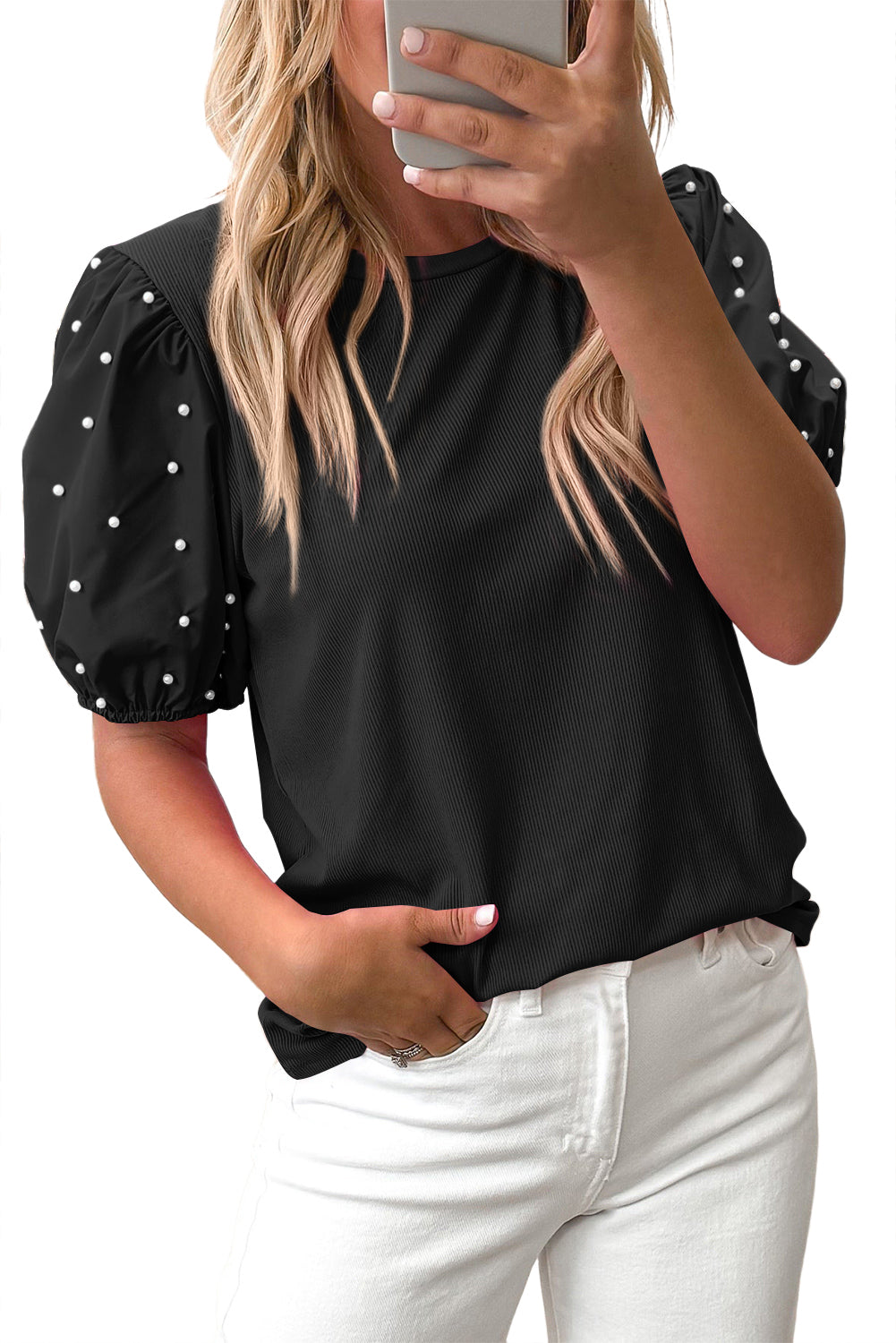 Black Ribbed Pearl Beaded Puff Sleeve Top 🇨🇳