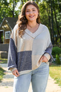 Ashleigh Blue Plus Size Textured Colorblock Patchwork V Neck Top 🇨🇳