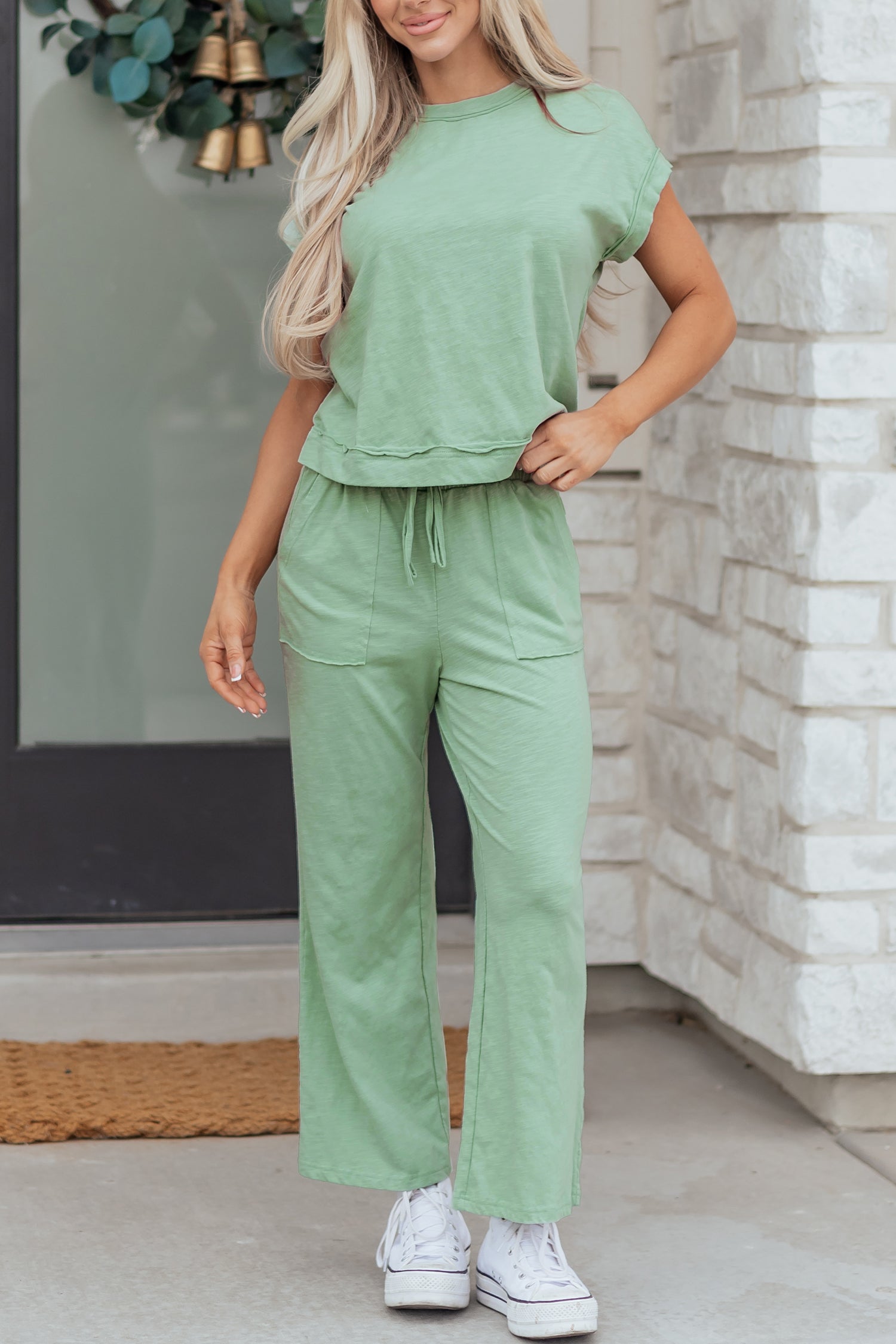 Canton Cuffed Short Sleeve Tee Raw Seam Patch Pocket Drawstring Pants Set 🇺🇸