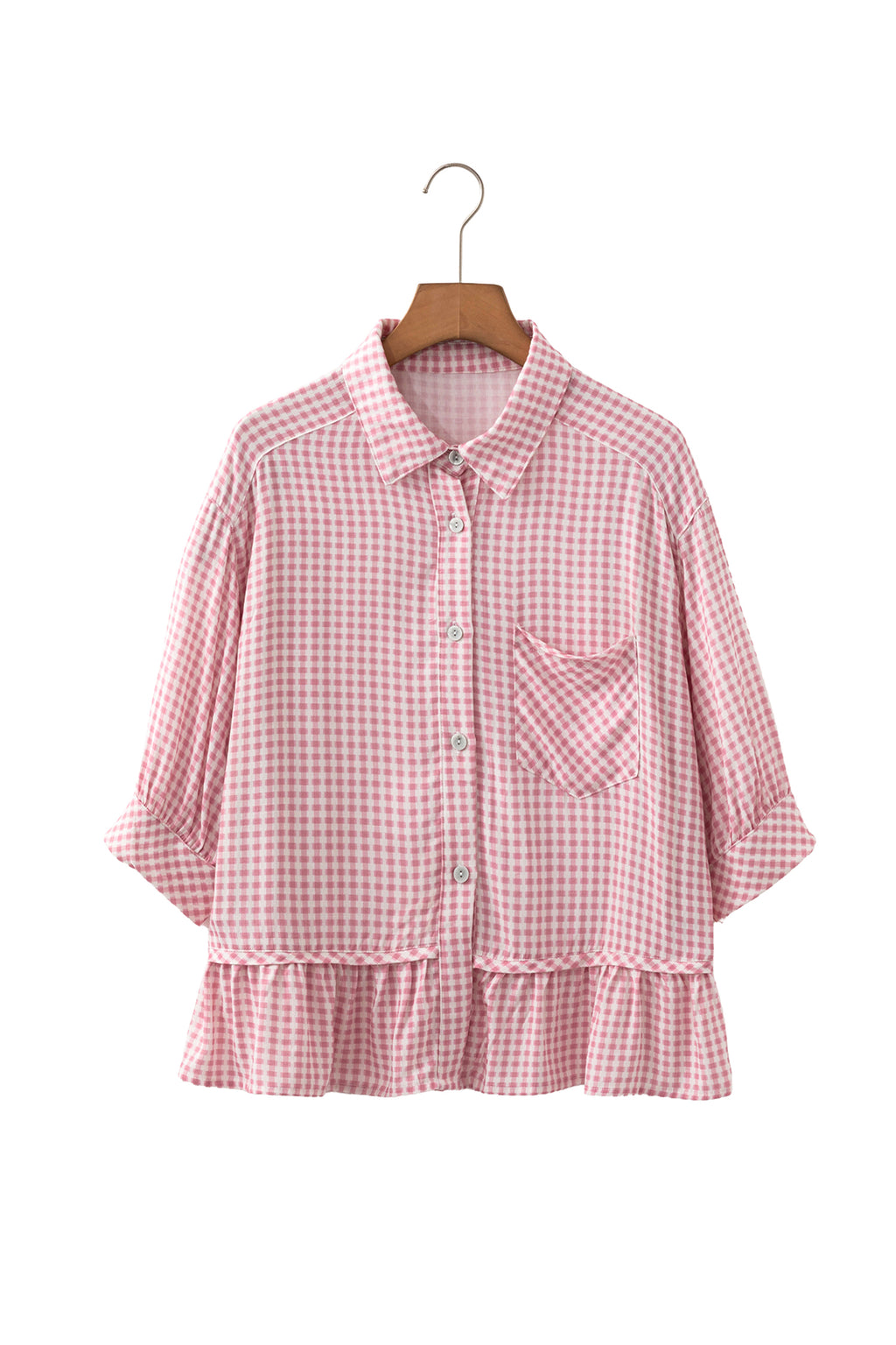 Pink Plaid Half Sleeve Ruffle Hem Button Down Shirt 🇺🇸