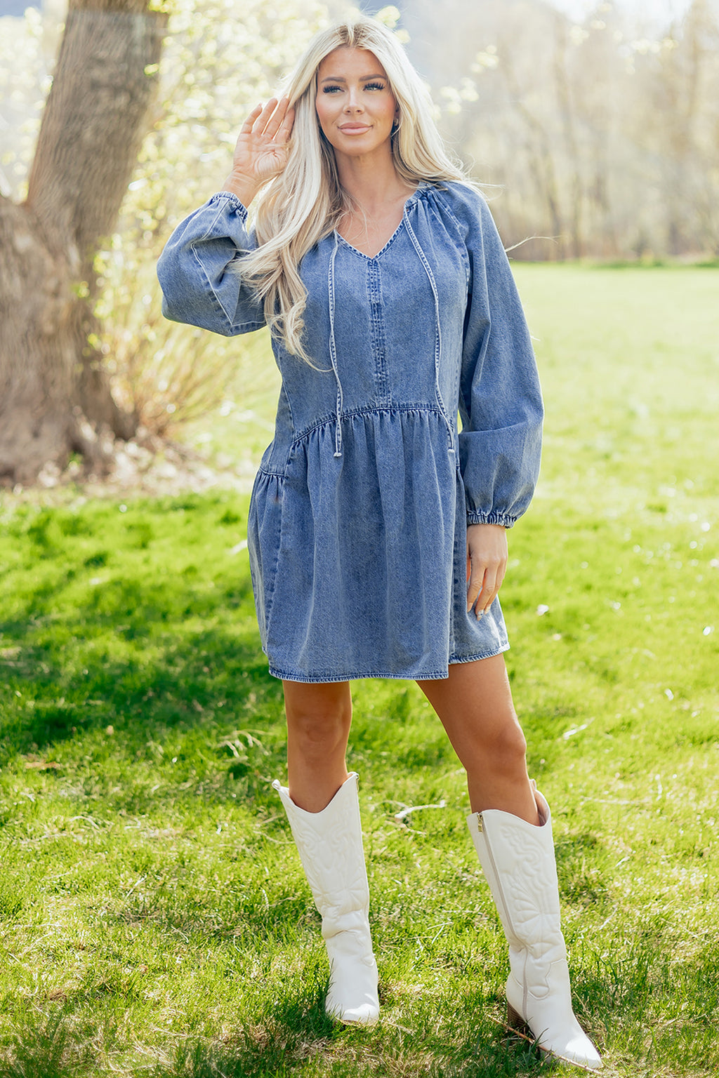 Myosotis Puff Sleeve V Neck Ruffled Loose Denim Mini Dress 🇺🇸