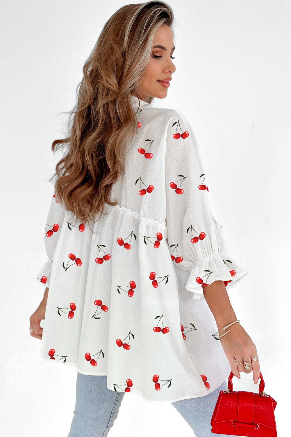 White Cherry Print Flounce Sleeve Collared Frilled Babydoll Blouse 🇺🇸