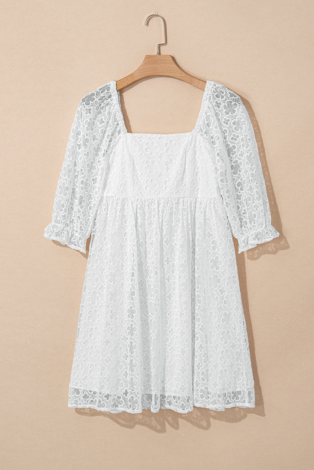 White Floral Lace Puff Sleeve Empire Waist Mini Dress 🇨🇳