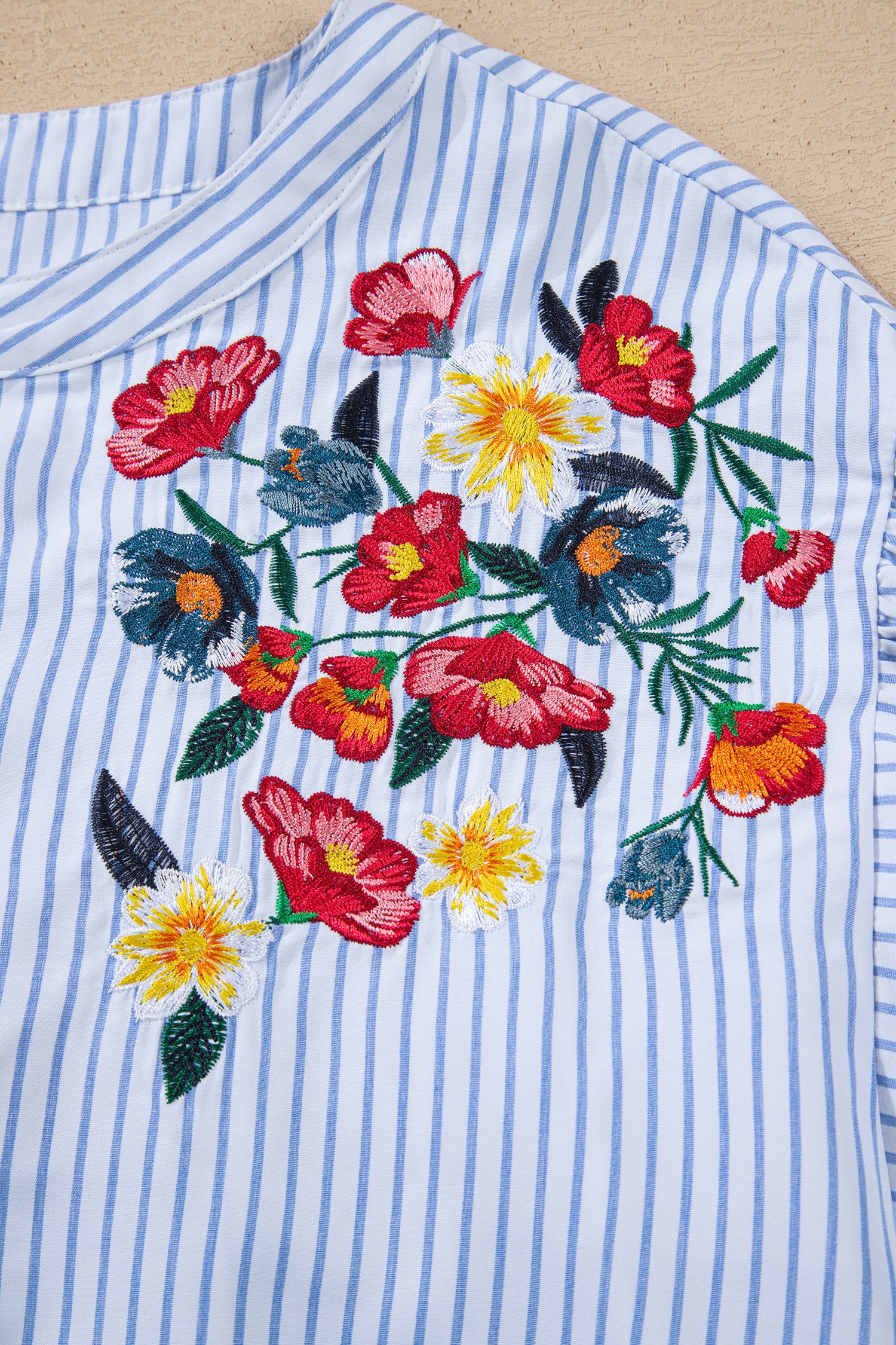 Sky Blue Stripe Floral Embroidered Billowy Sleeve Tunic Baggy Shirt 🇺🇸