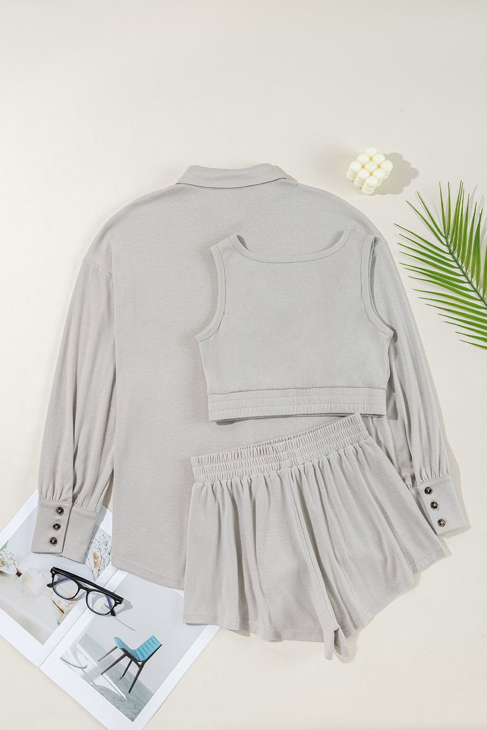 Gray 3 Pcs Crop Tank Top Shorts with Cardigan Lounge Set 🇨🇳
