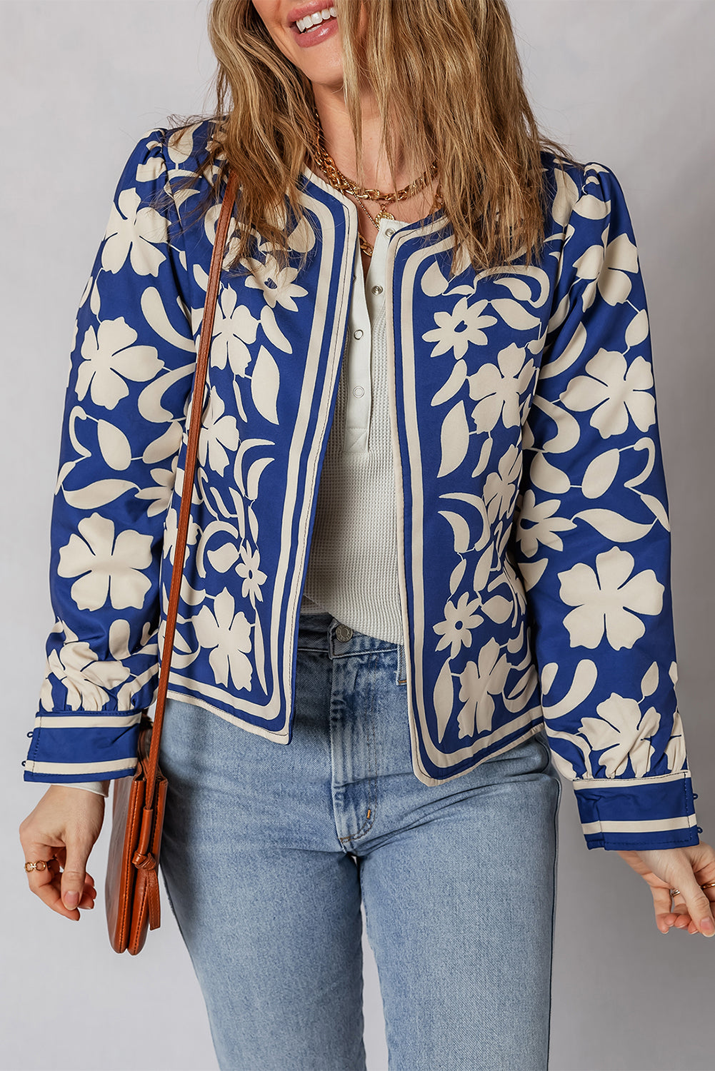 Blue Flower Print Open Front Buttoned Cuffs Elegant Jacket 🇺🇸