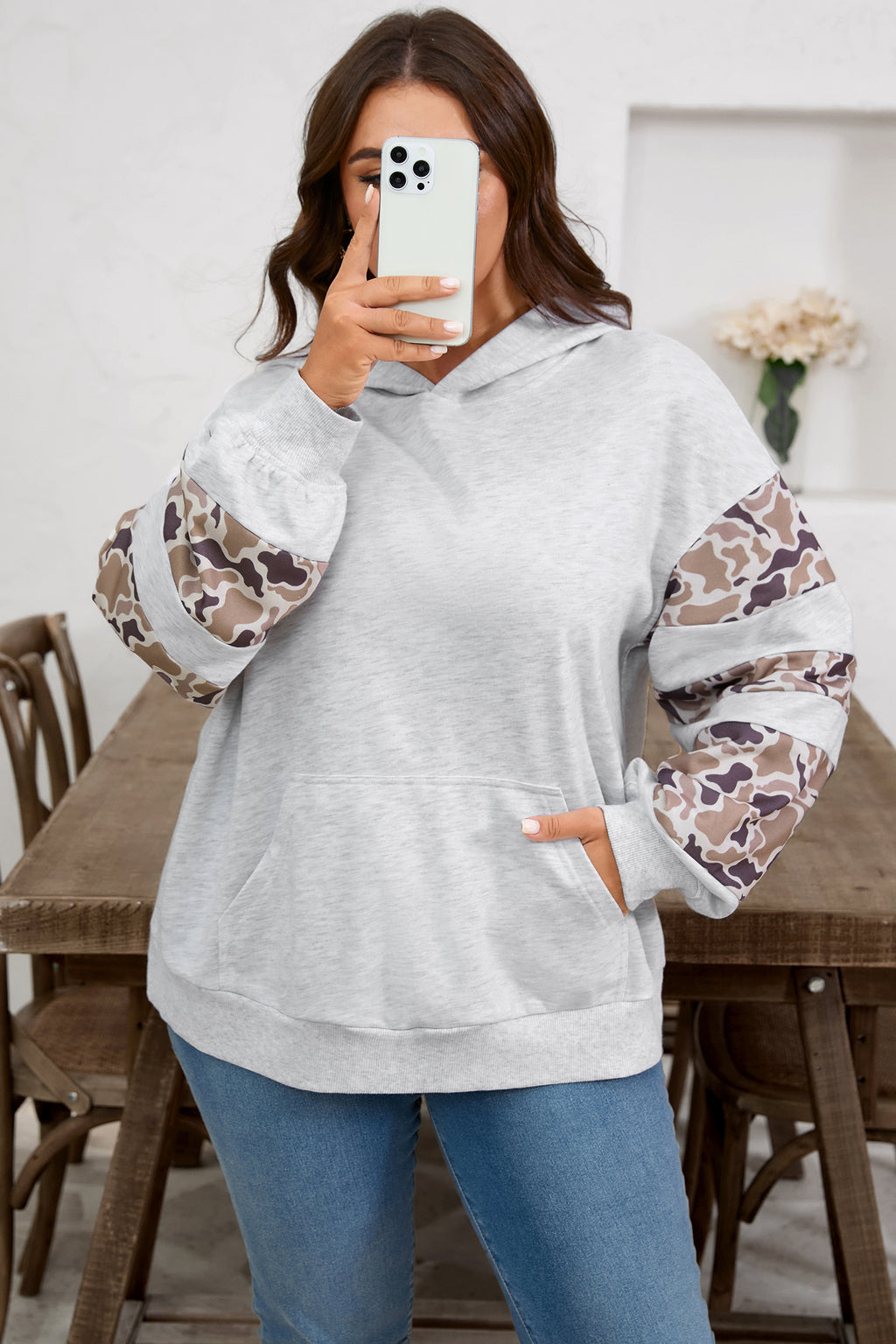 Light Grey Camouflage Patchwork Asymmetric Sleeve Plus Size Hoodie 🇺🇸