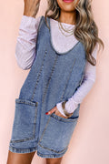 Dusk Blue Sleeveless U Neck Patched Pocket Denim Romper 🇨🇳