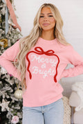 Gossamer Pink Drop Shoulder Round Neck Towel Embroidery Slogan Pullover Sweater 🇺🇸