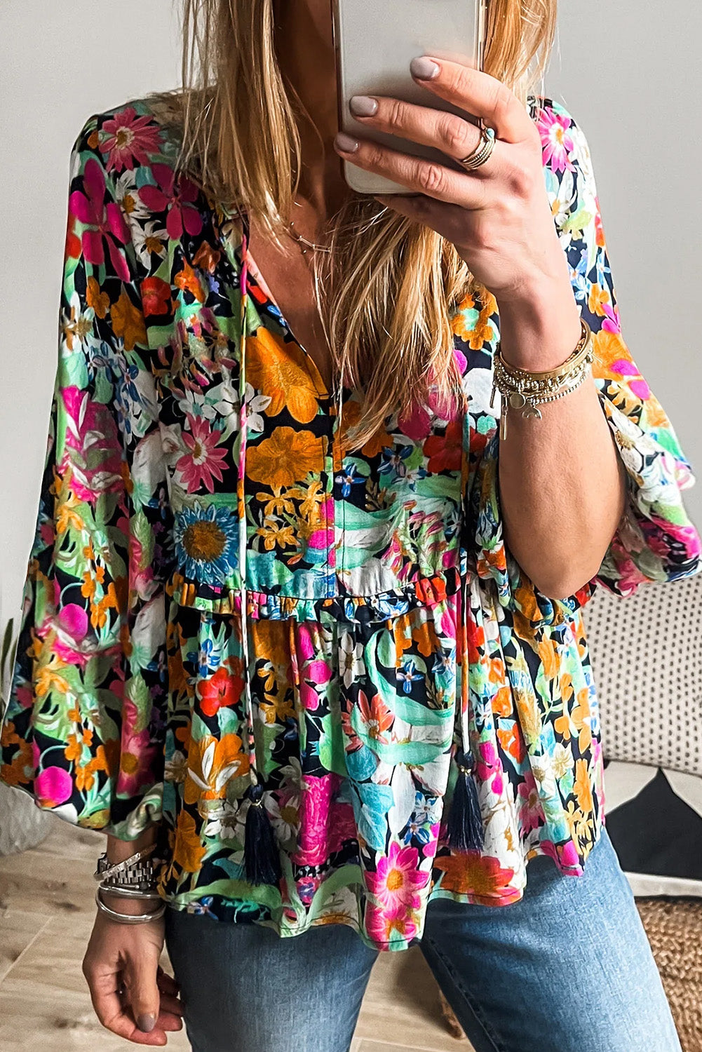 Multicolour Floral Print Bubble Sleeve V Neck Ruffled Blouse 🇺🇸