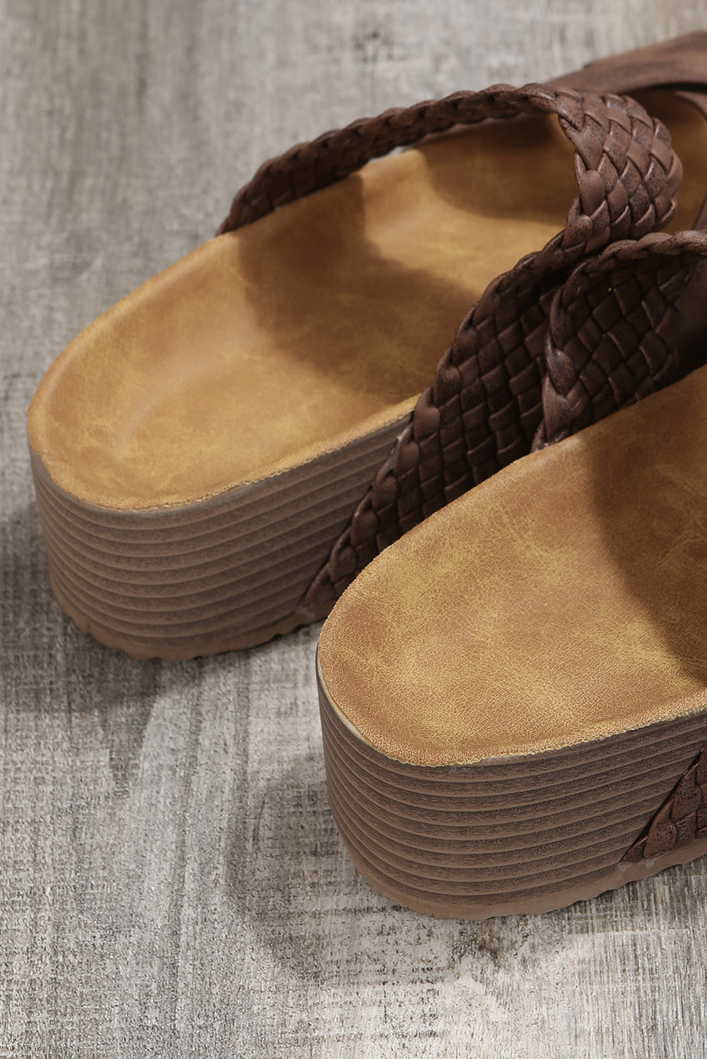 Brown Braided Detail Criss Cross Platform Slippers 🇨🇳