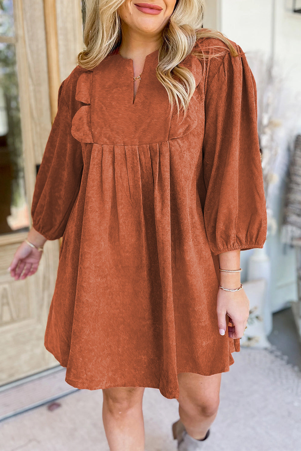 Cinnamon Bracelet Sleeve Split Neck Scallop Detail Pleated Corduroy Mini Dress 🇺🇲