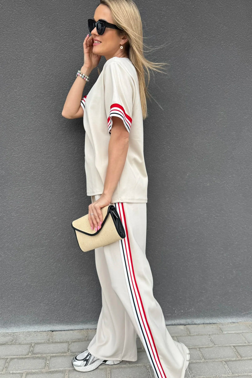 Jet Stream Contrast Striped Trim Crewneck T Shirt Loose Straight Pants Set 🇺🇸