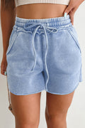 Sky Blue Mineral Washed Drawstring Elastic Waist Raw Cut Shorts 🇺🇸