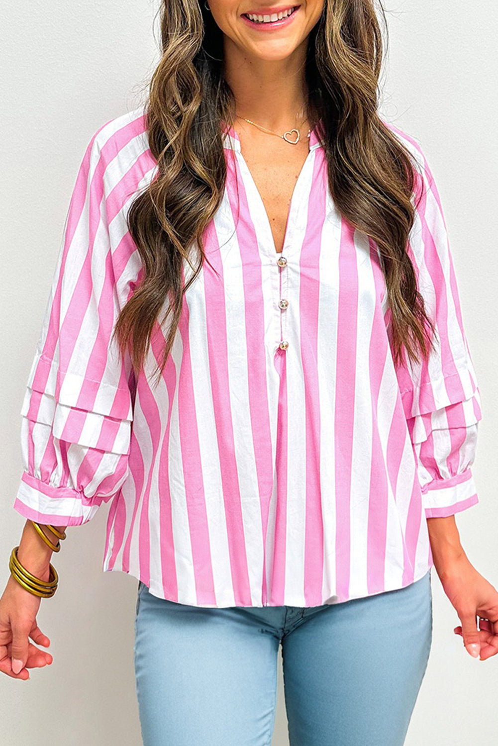 Rose Stripe Split Neck Button Decor Front Puff Sleeve Blouse 🇺🇸