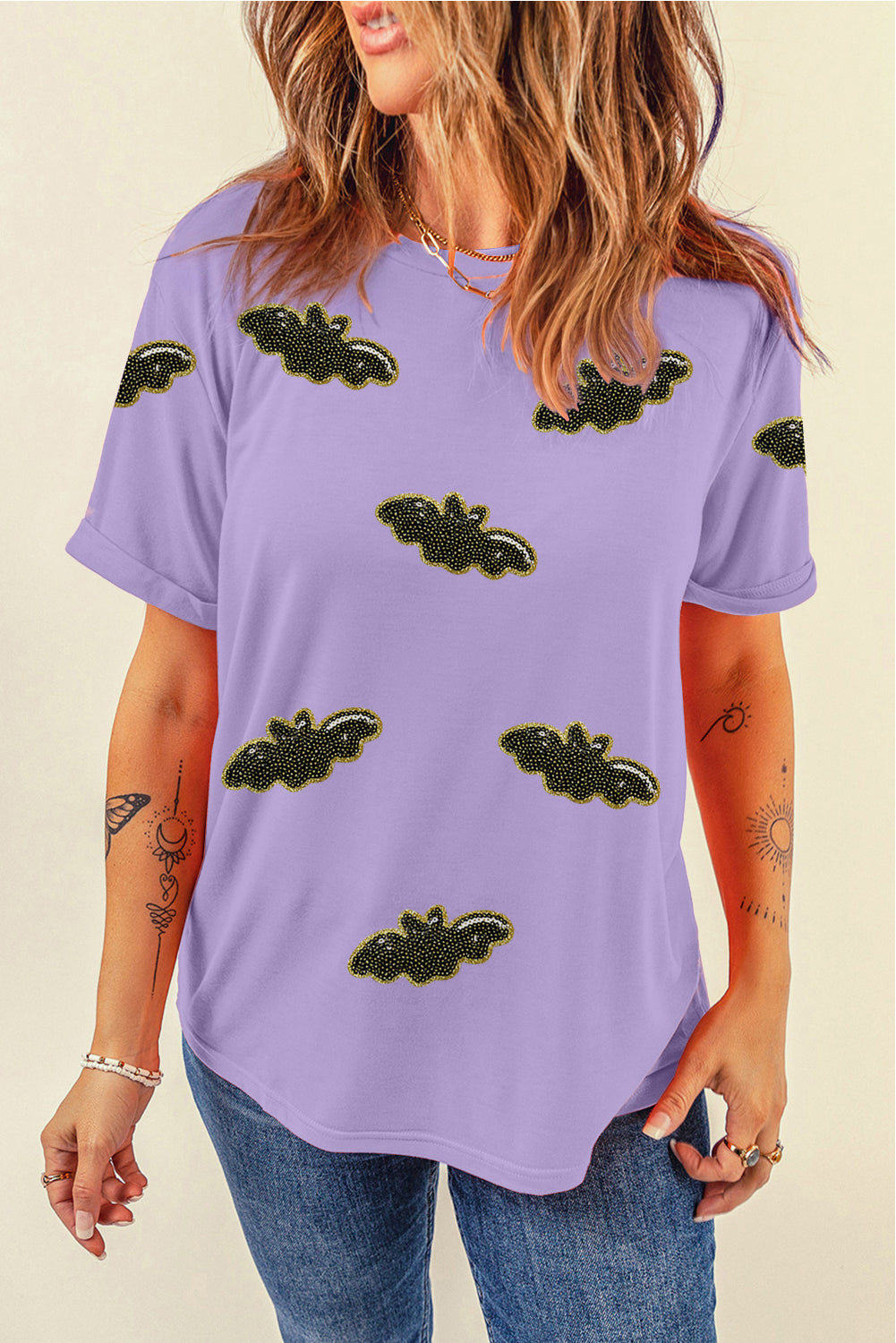 Wisteria Sequin Halloween Bat Patched Casual T Shirt 🇺🇸