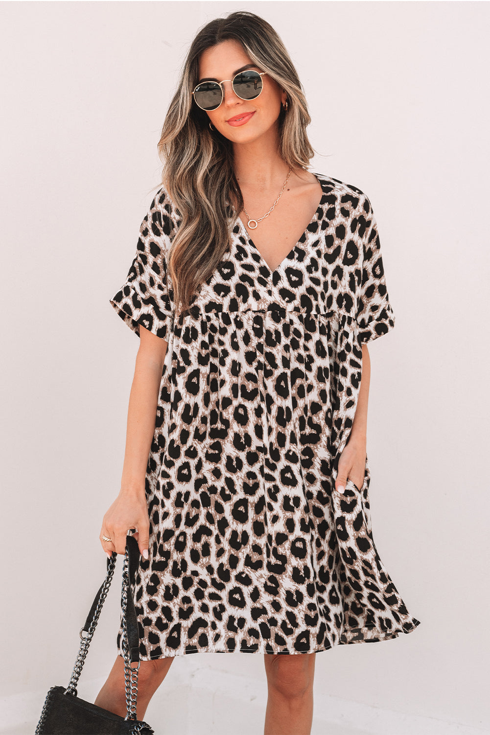 Khaki Cheetah Print Backless V Neck Loose Fit Mini Dress 🇨🇳