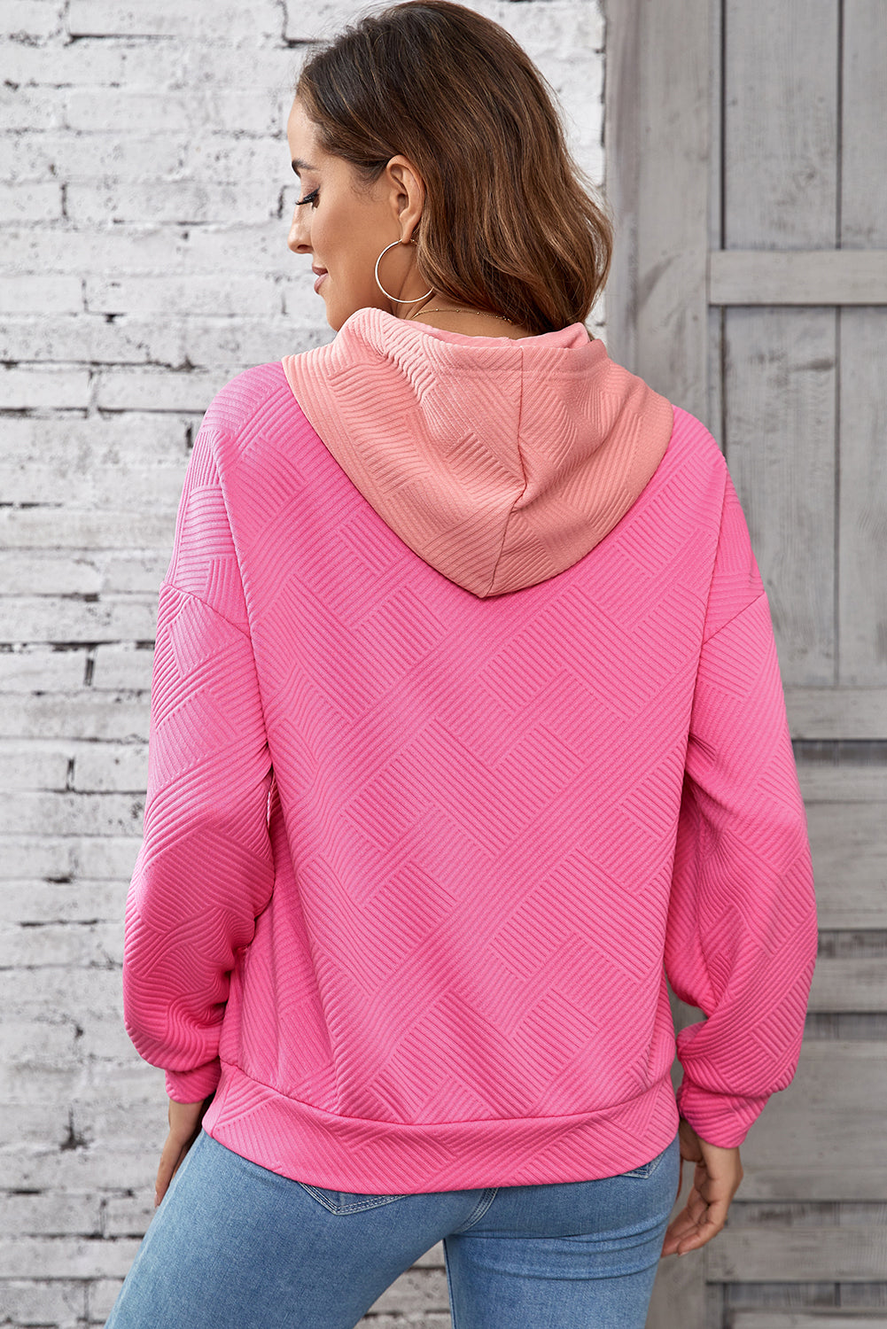 Pink Textured Color Block Kangaroo Pocket Drop Shoulder Hoodie 🇺🇸