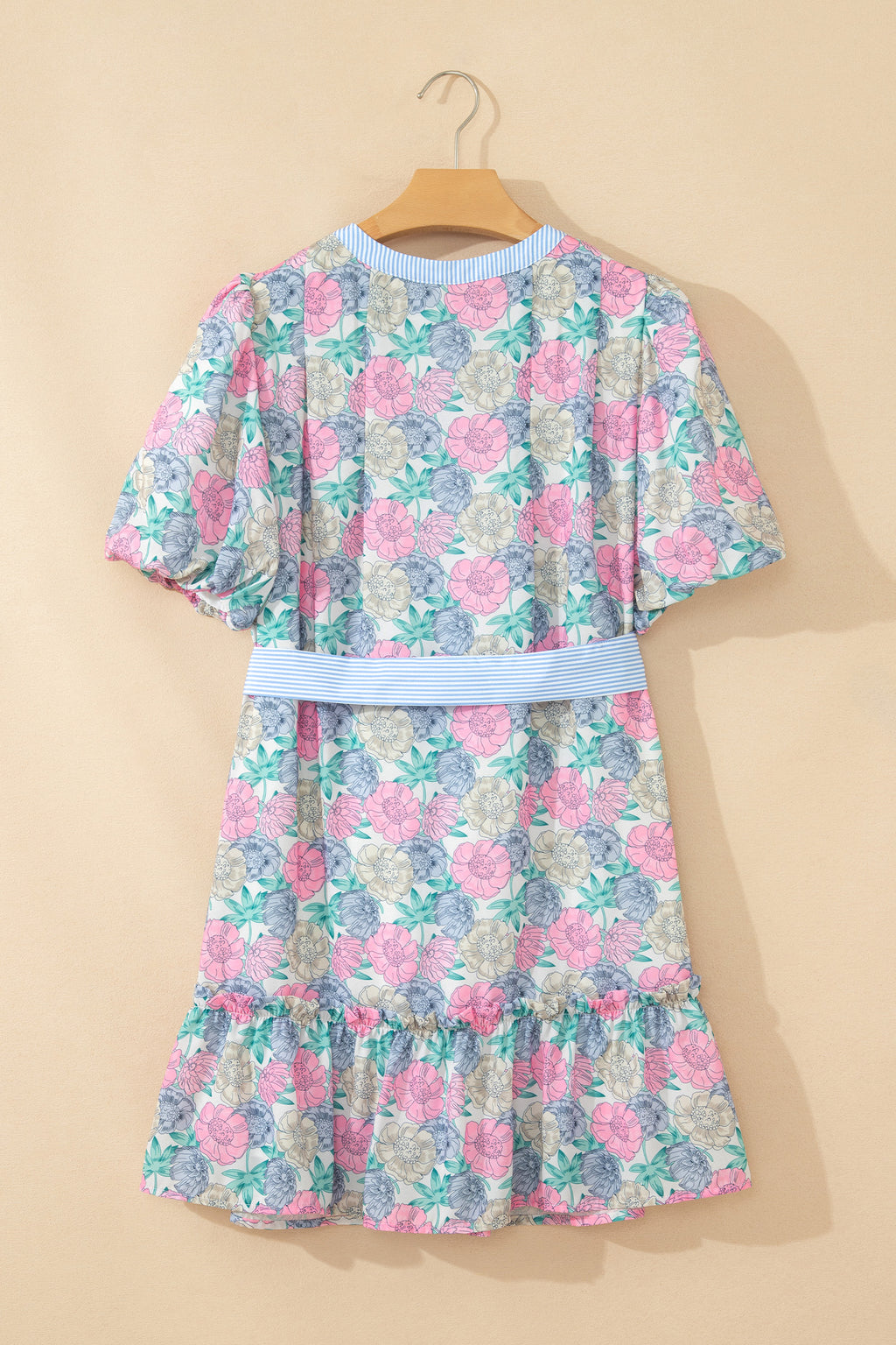 White Floral Print Striped Contrast Trim Belted Short Dress 🇺🇸