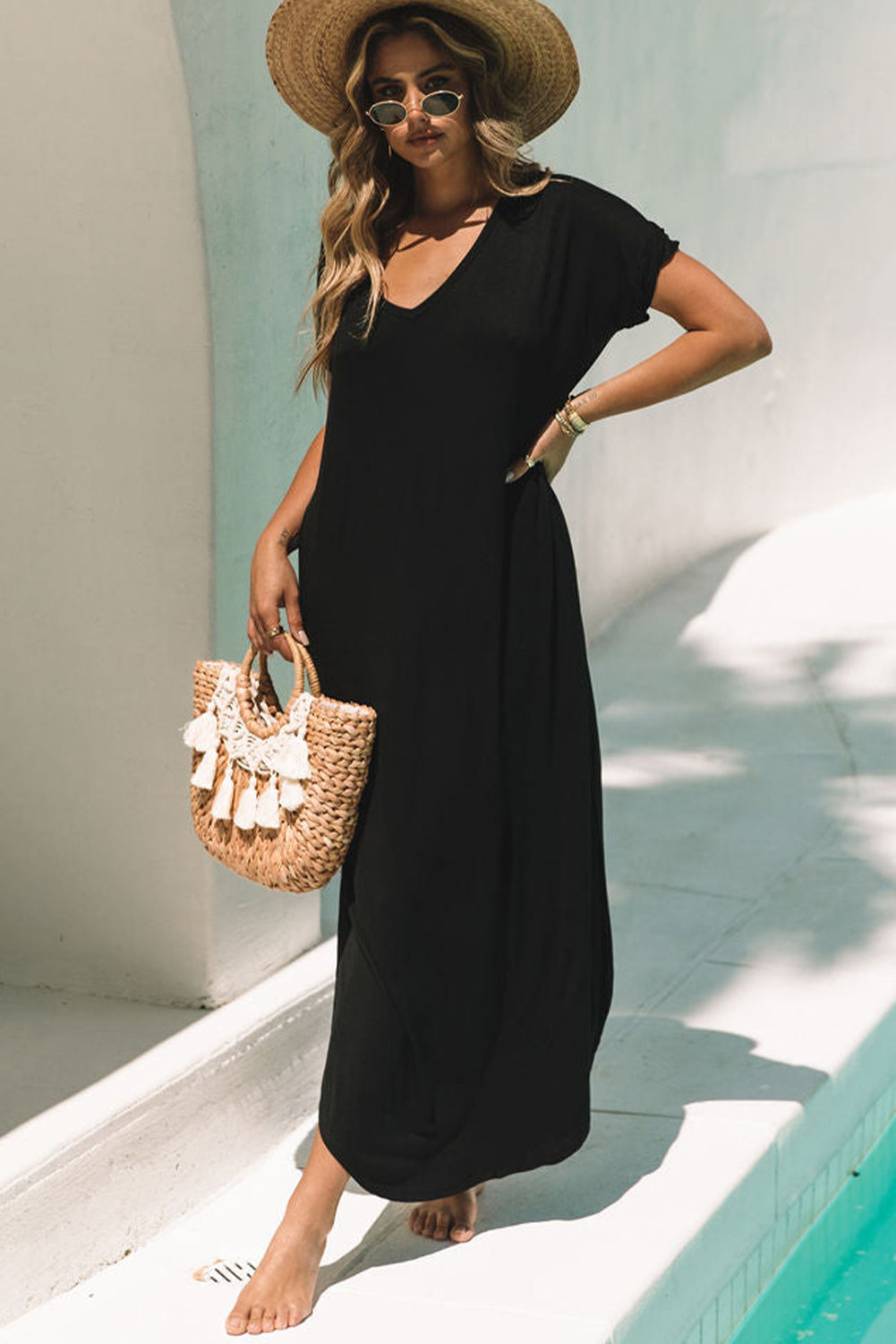 Black V Neck Hidden Pocket Splits Maxi T-shirt Dress 🇨🇳