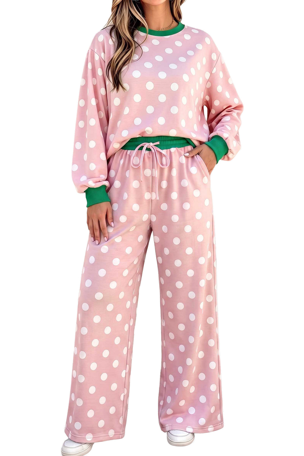 Sky Blue Polka Dot Contrast Trim Long Sleeve Top Drawstring Shift Pants Set 🇺🇸