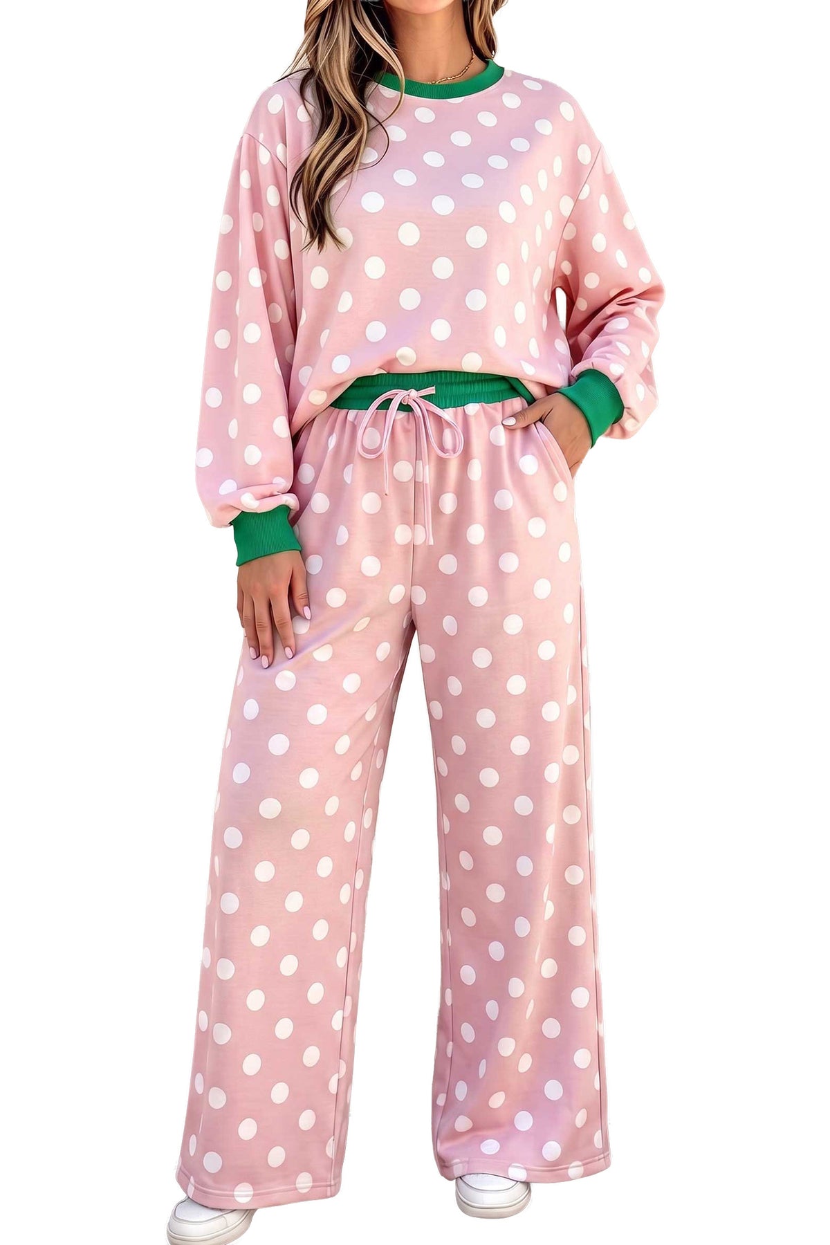 Sky Blue Polka Dot Contrast Trim Long Sleeve Top Drawstring Shift Pants Set 🇺🇸