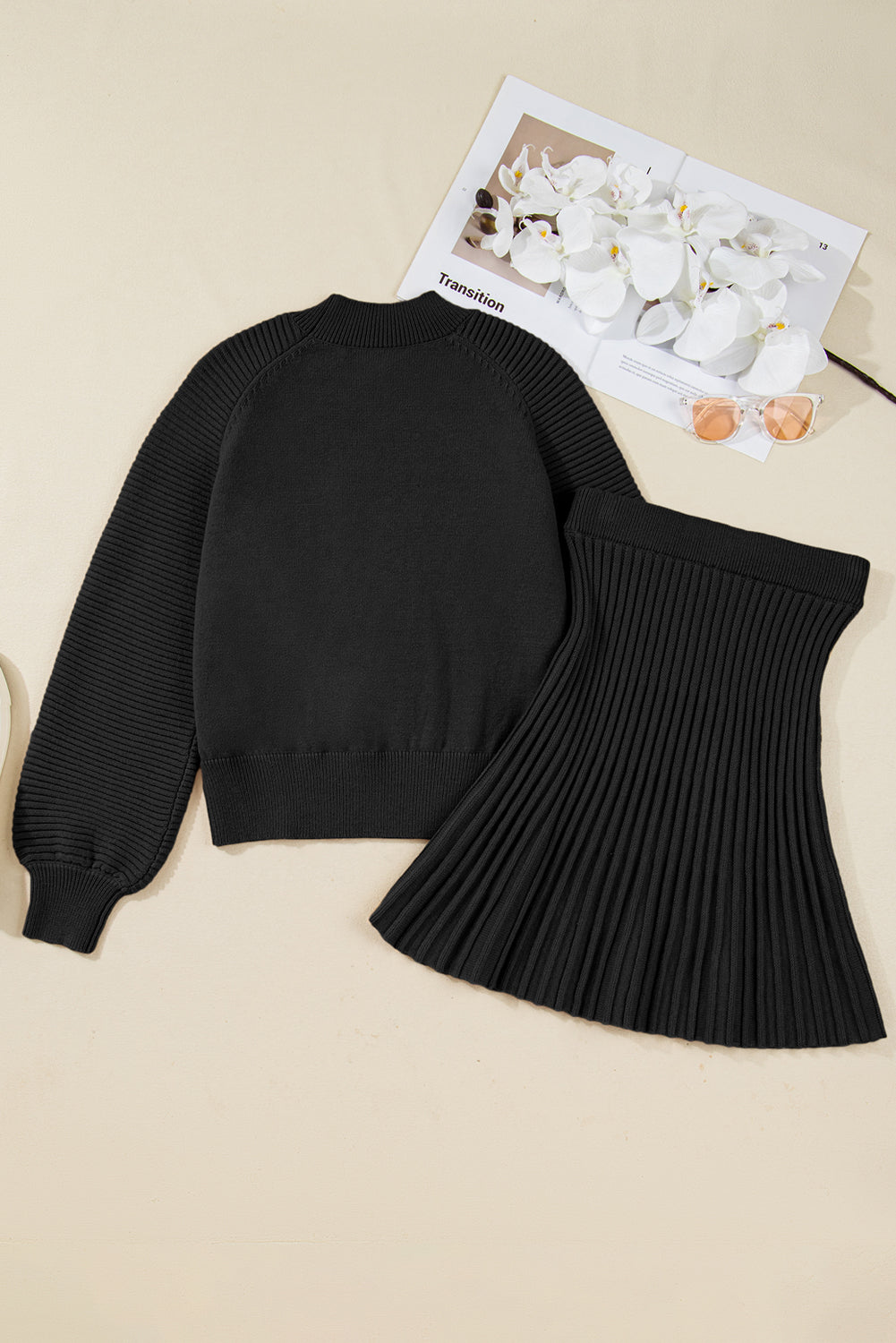 Black High Neck Puff Sleeve Sweater Pleated Mini Skirt 2pcs Knitted Outfit 🇺🇸