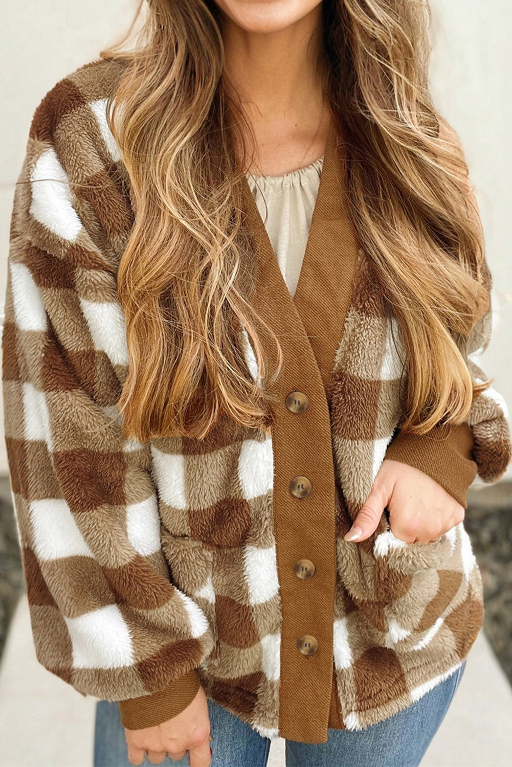 Brown Checkered Sherpa Loose Knit Cardigan with Pockets 🇺🇸