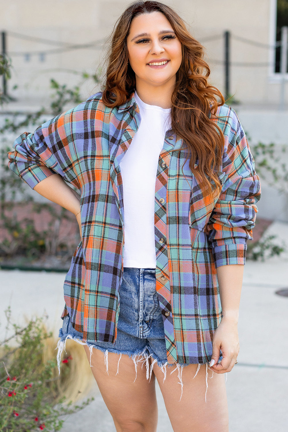 Orange Plus Size Plaid Print Buttoned Shirt 🇺🇸