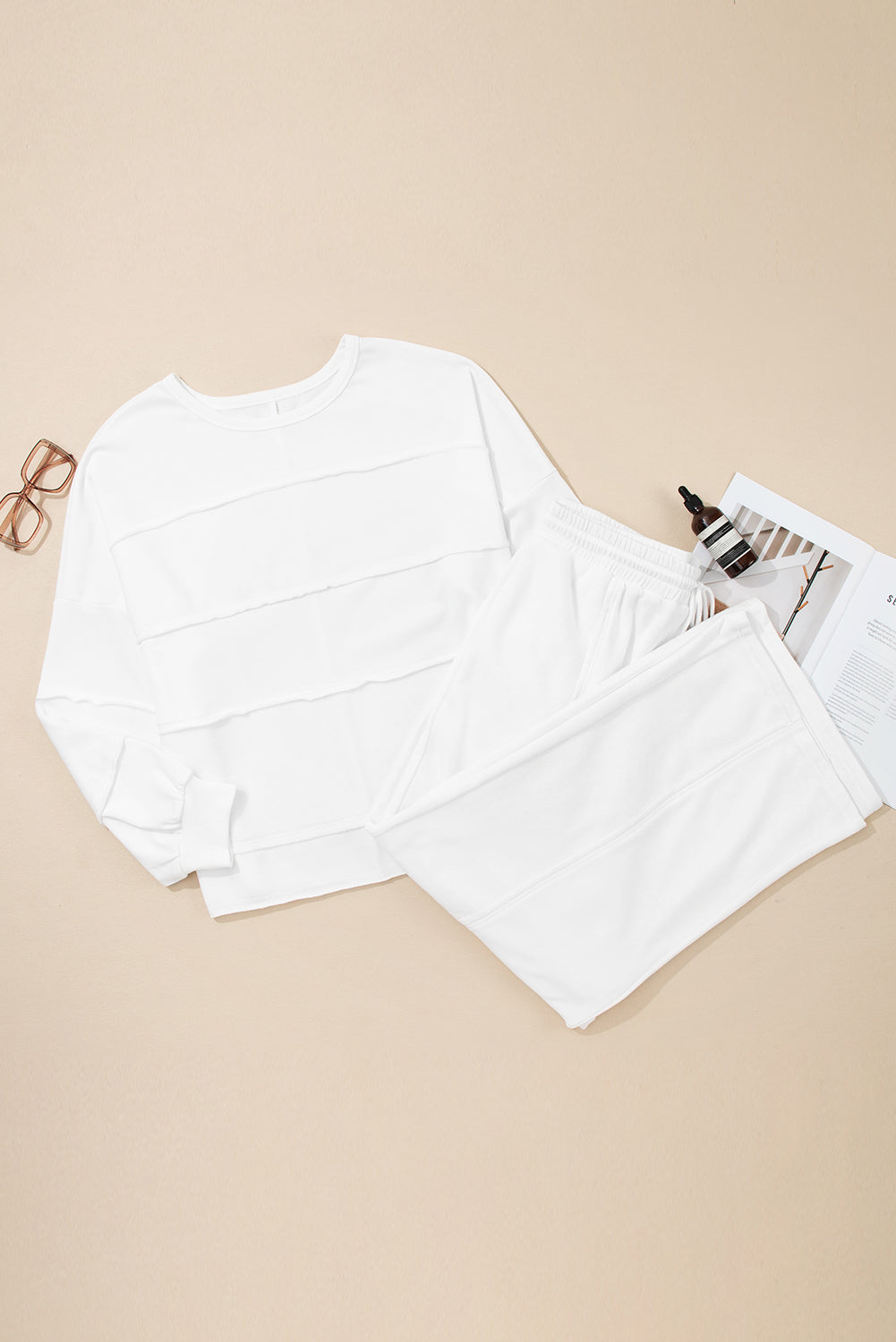 White Textured Raw Seam Plus Size Pullover Top and Drawstring Pants Set 🇺🇸