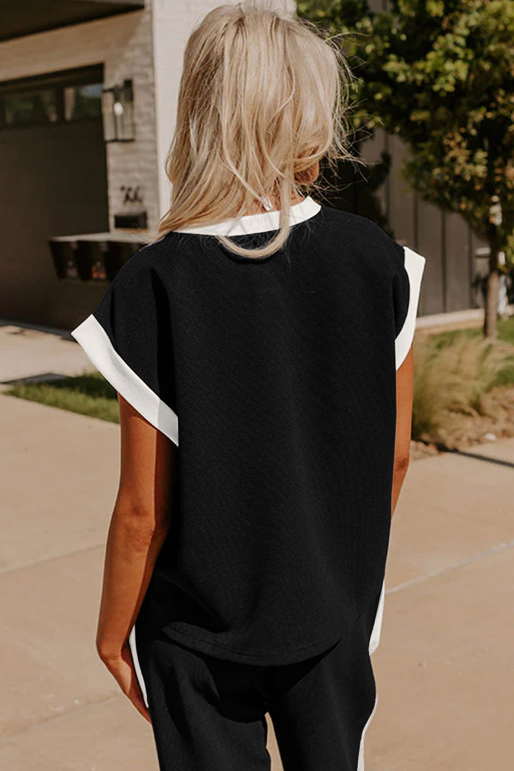 Black Color Block Pocketed T Shirt and Wide Leg Pants Set 🇨🇳