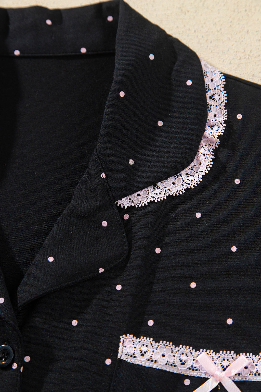 Black Polka Dot Long Sleeve Shirt Lace Detail Two Piece Pajama Pant Set 🇺🇸