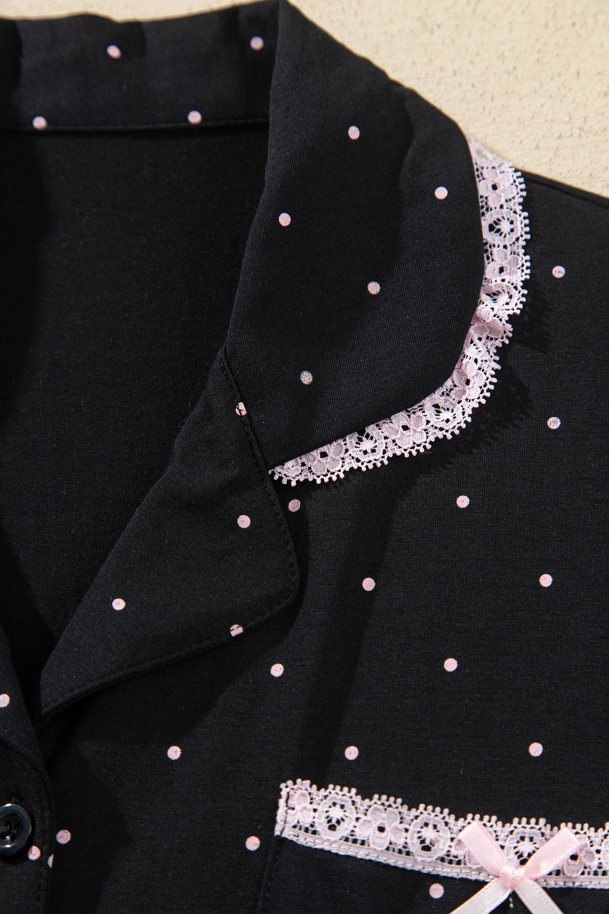 Black Polka Dot Long Sleeve Shirt Lace Detail Two Piece Pajama Pant Set 🇺🇸