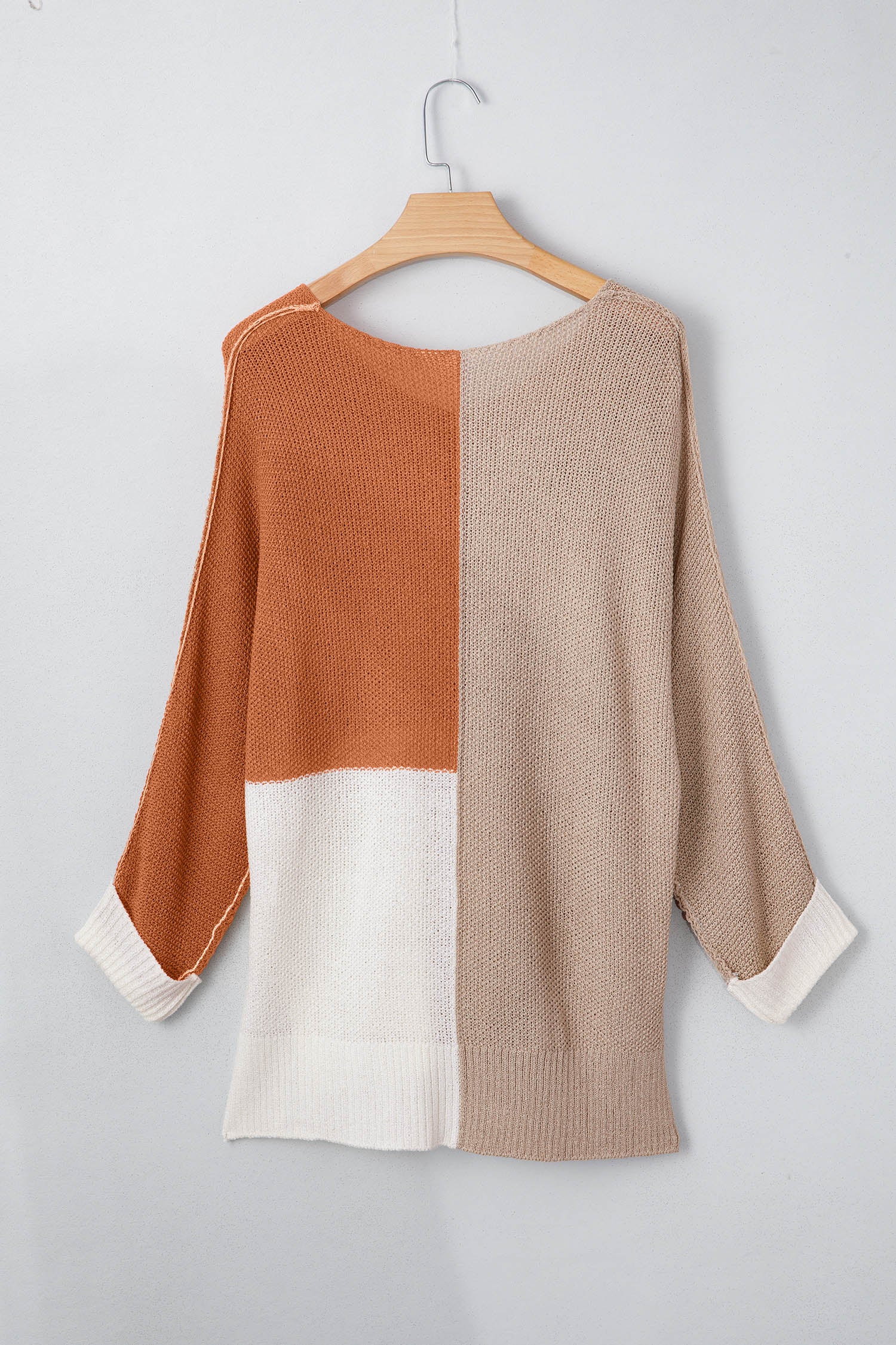 Chestnut Color Block Knit V Neck Loose Sweater 🇺🇸